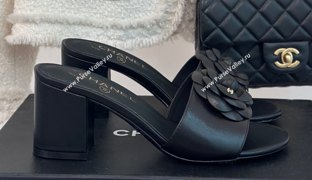 Chanel Heel 6.5cm Lambskin Mules with Camellia G45499 Black 2024 (modeng-24030414)