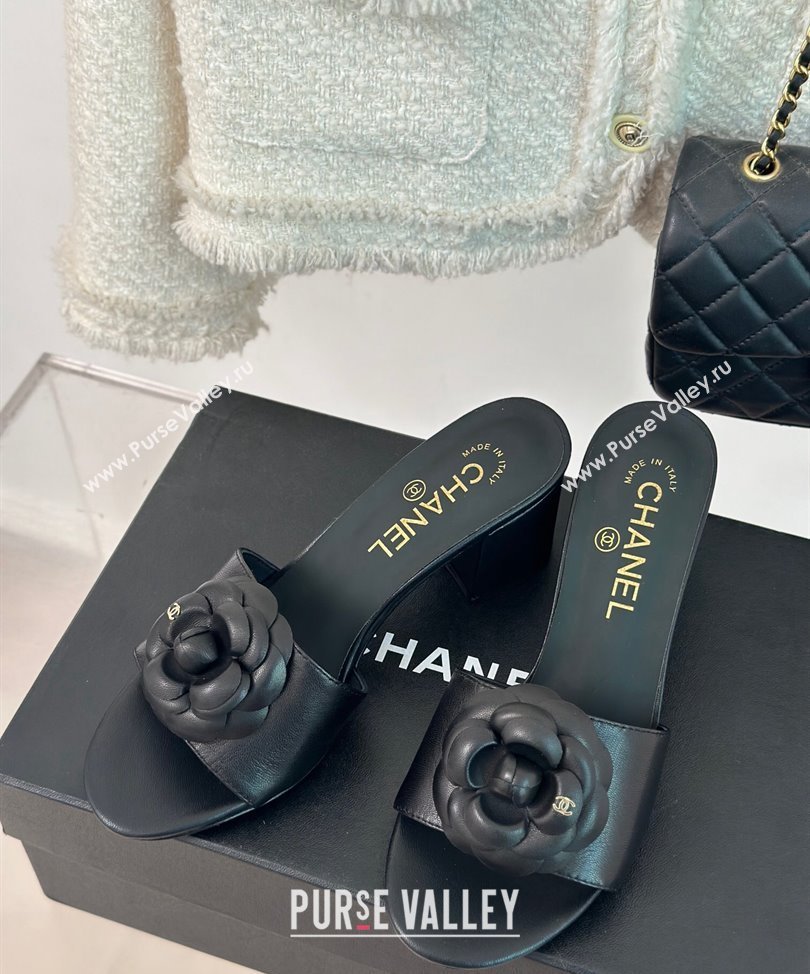 Chanel Heel 6.5cm Lambskin Mules with Camellia G45499 Black 2024 (modeng-24030414)