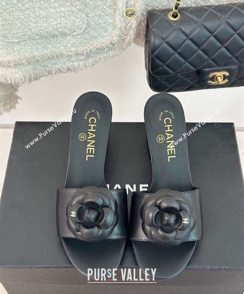 Chanel Heel 6.5cm Lambskin Mules with Camellia G45499 Black 2024 (modeng-24030414)