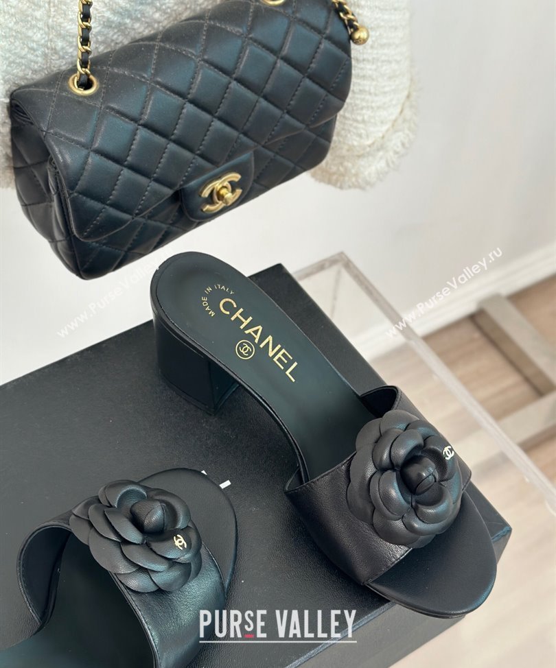 Chanel Heel 6.5cm Lambskin Mules with Camellia G45499 Black 2024 (modeng-24030414)