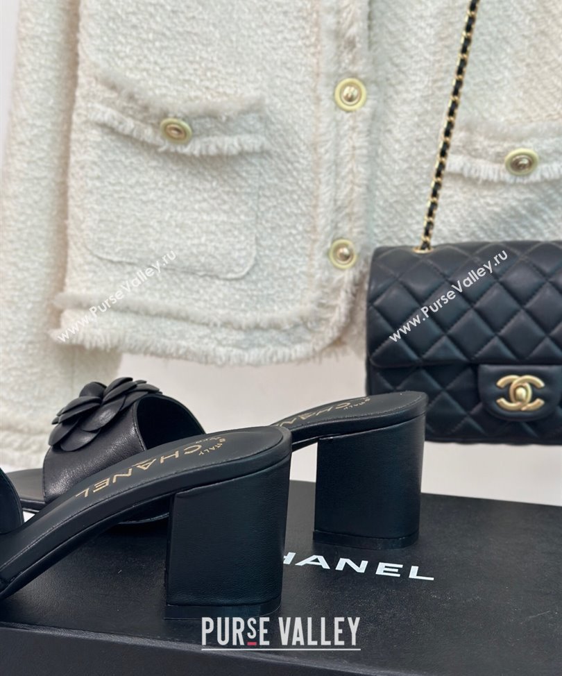 Chanel Heel 6.5cm Lambskin Mules with Camellia G45499 Black 2024 (modeng-24030414)