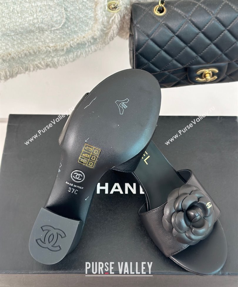 Chanel Heel 6.5cm Lambskin Mules with Camellia G45499 Black 2024 (modeng-24030414)