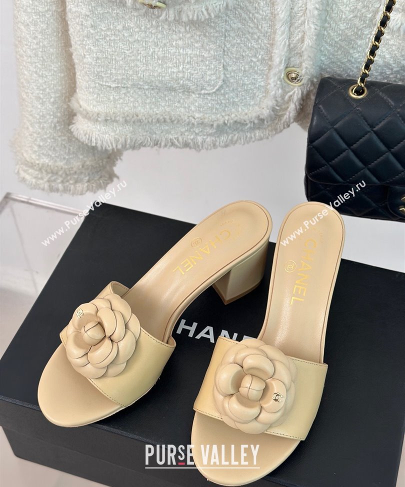 Chanel Heel 6.5cm Lambskin Mules with Camellia G45499 Beige 2024 (modeng-24030416)