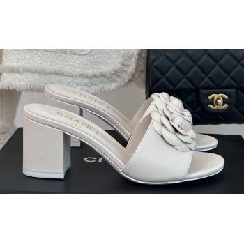 Chanel Heel 6.5cm Lambskin Mules with Camellia G45499 White 2024 (modeng-24030415)