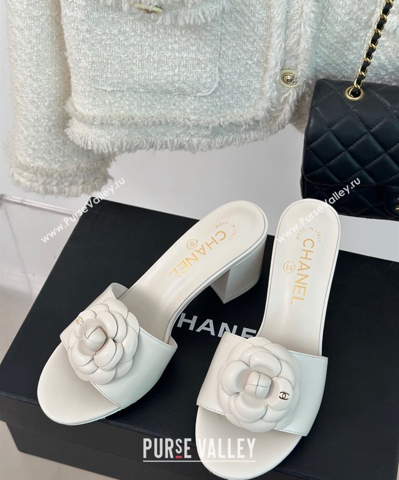 Chanel Heel 6.5cm Lambskin Mules with Camellia G45499 White 2024 (modeng-24030415)