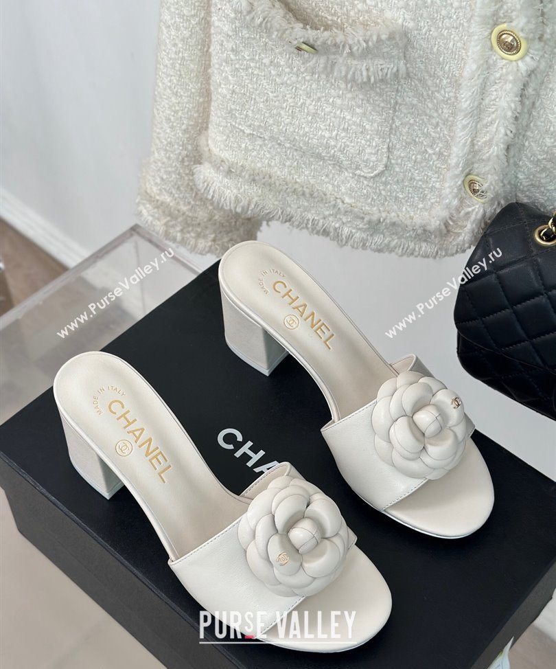 Chanel Heel 6.5cm Lambskin Mules with Camellia G45499 White 2024 (modeng-24030415)