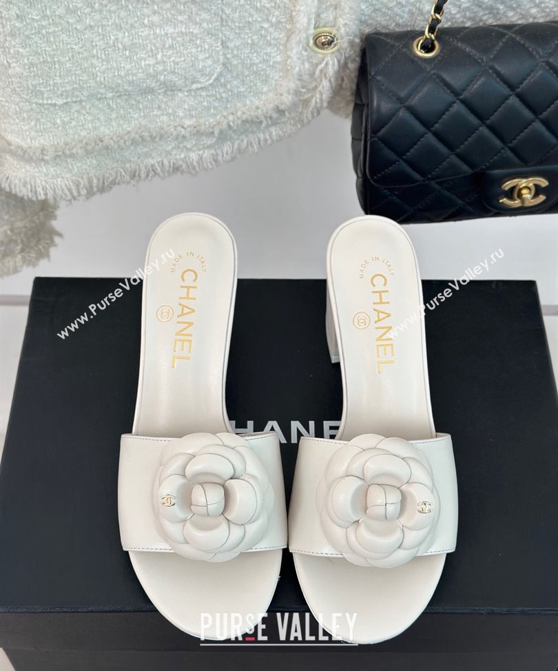 Chanel Heel 6.5cm Lambskin Mules with Camellia G45499 White 2024 (modeng-24030415)