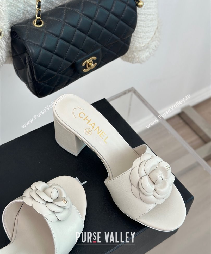 Chanel Heel 6.5cm Lambskin Mules with Camellia G45499 White 2024 (modeng-24030415)