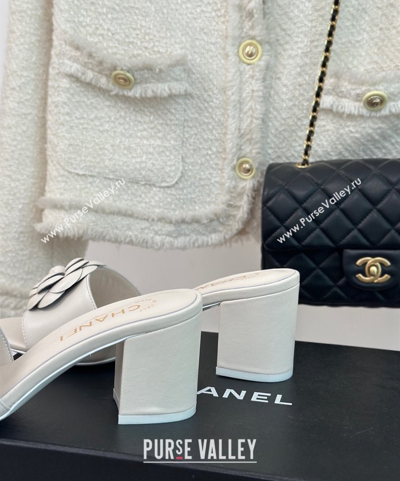 Chanel Heel 6.5cm Lambskin Mules with Camellia G45499 White 2024 (modeng-24030415)