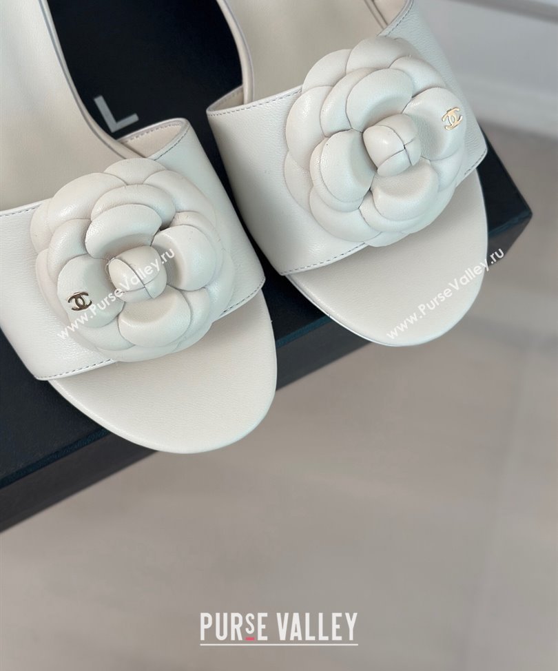 Chanel Heel 6.5cm Lambskin Mules with Camellia G45499 White 2024 (modeng-24030415)