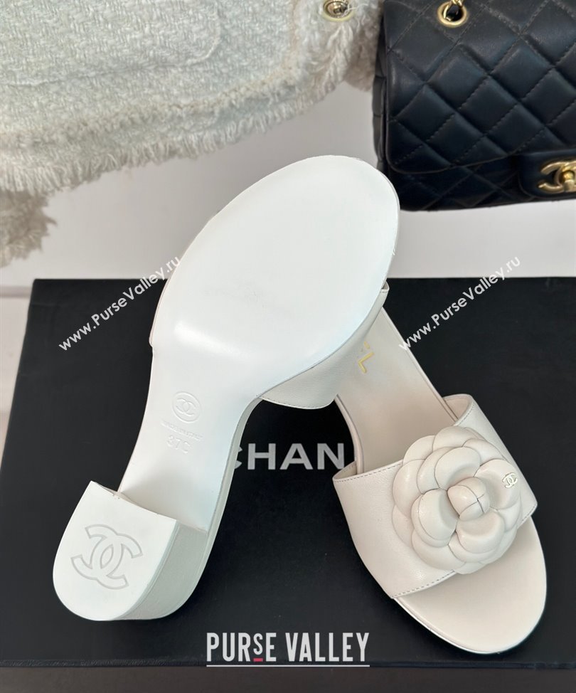 Chanel Heel 6.5cm Lambskin Mules with Camellia G45499 White 2024 (modeng-24030415)