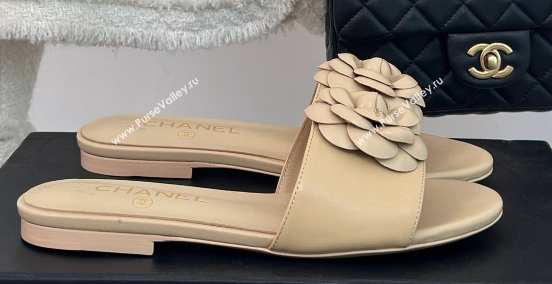 Chanel Heel 1.5cm Lambskin Mules with Camellia G45499 Beige 2024 (modeng-24030419)