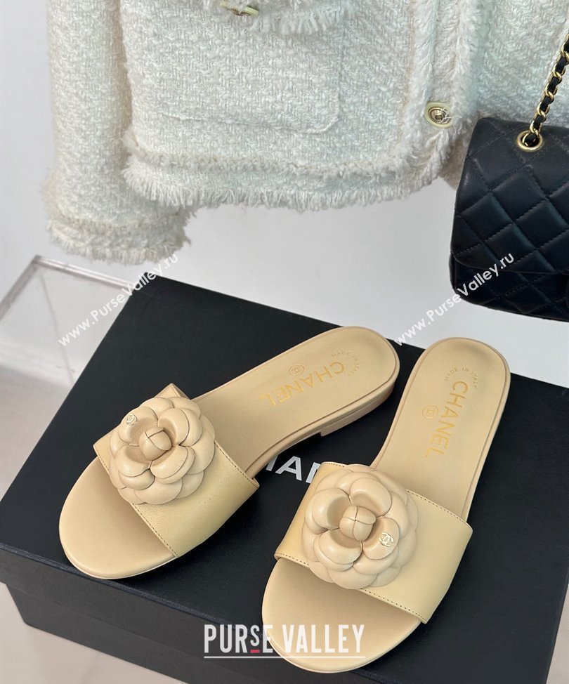 Chanel Heel 1.5cm Lambskin Mules with Camellia G45499 Beige 2024 (modeng-24030419)