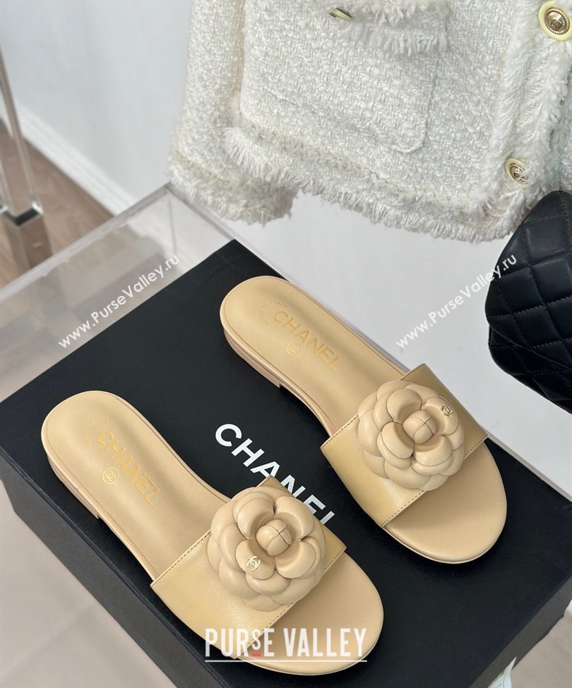 Chanel Heel 1.5cm Lambskin Mules with Camellia G45499 Beige 2024 (modeng-24030419)