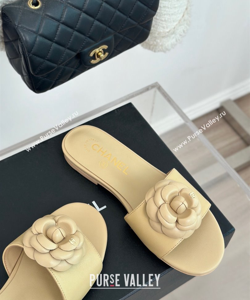 Chanel Heel 1.5cm Lambskin Mules with Camellia G45499 Beige 2024 (modeng-24030419)