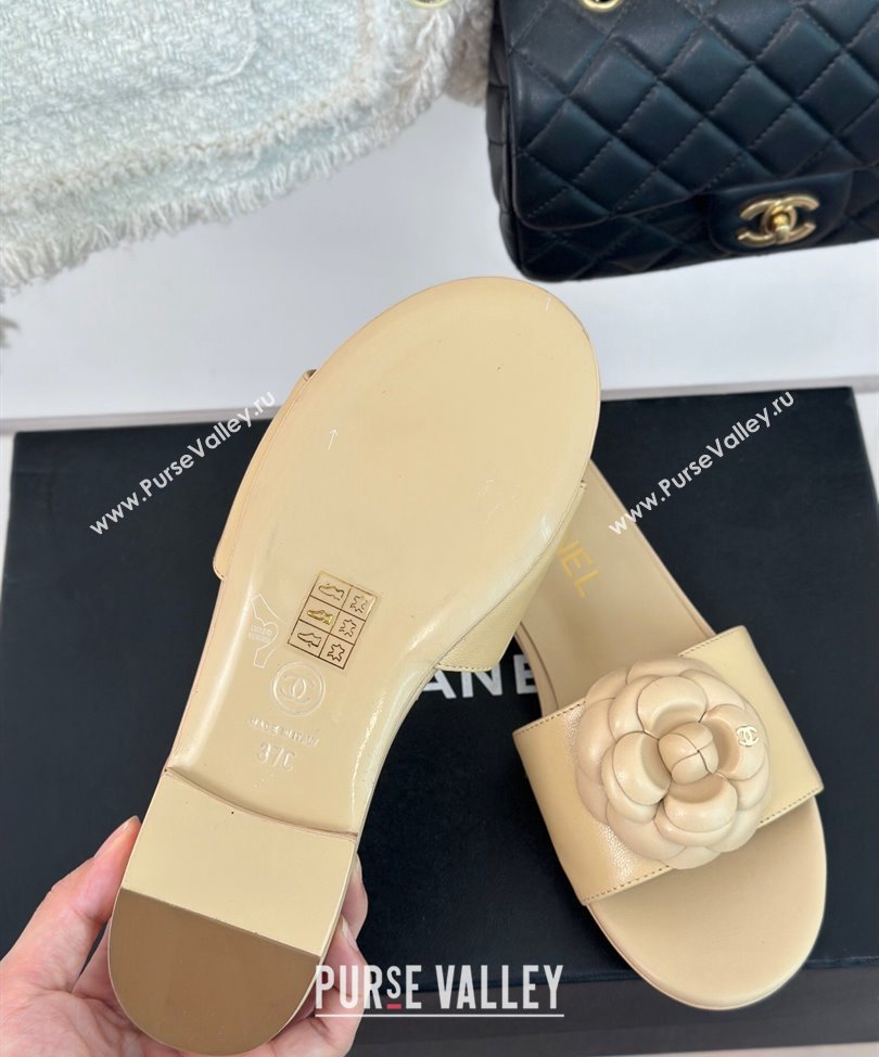 Chanel Heel 1.5cm Lambskin Mules with Camellia G45499 Beige 2024 (modeng-24030419)