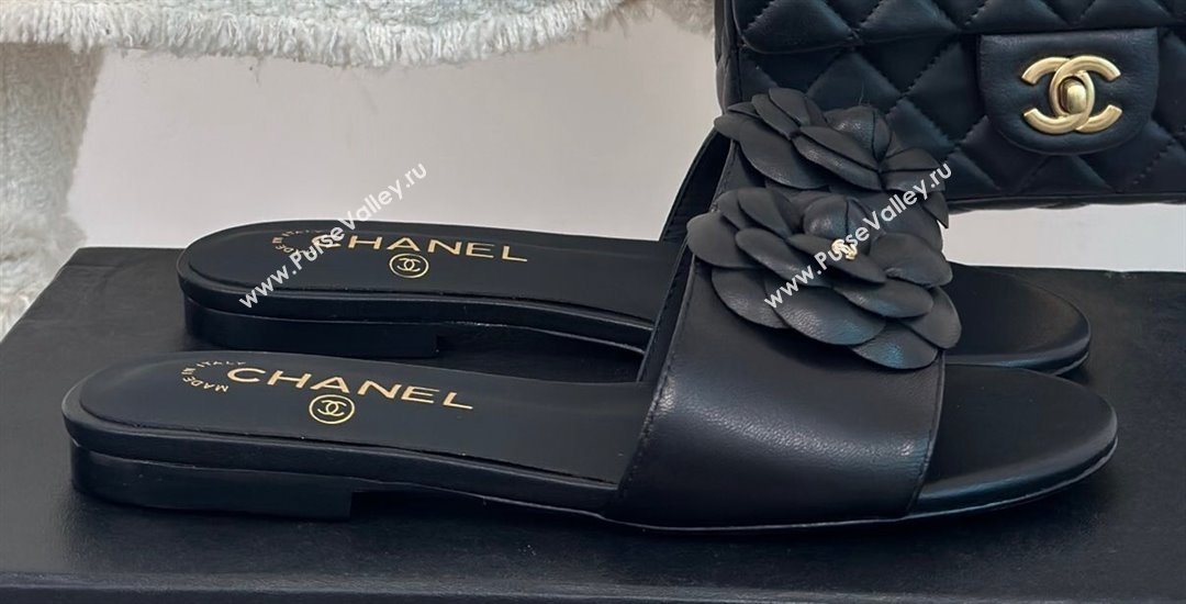 Chanel Heel 1.5cm Lambskin Mules with Camellia G45499 Black 2024 (modeng-24030417)