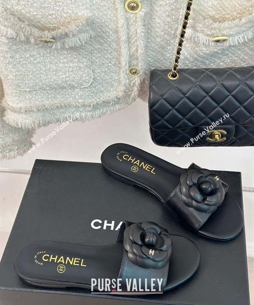 Chanel Heel 1.5cm Lambskin Mules with Camellia G45499 Black 2024 (modeng-24030417)