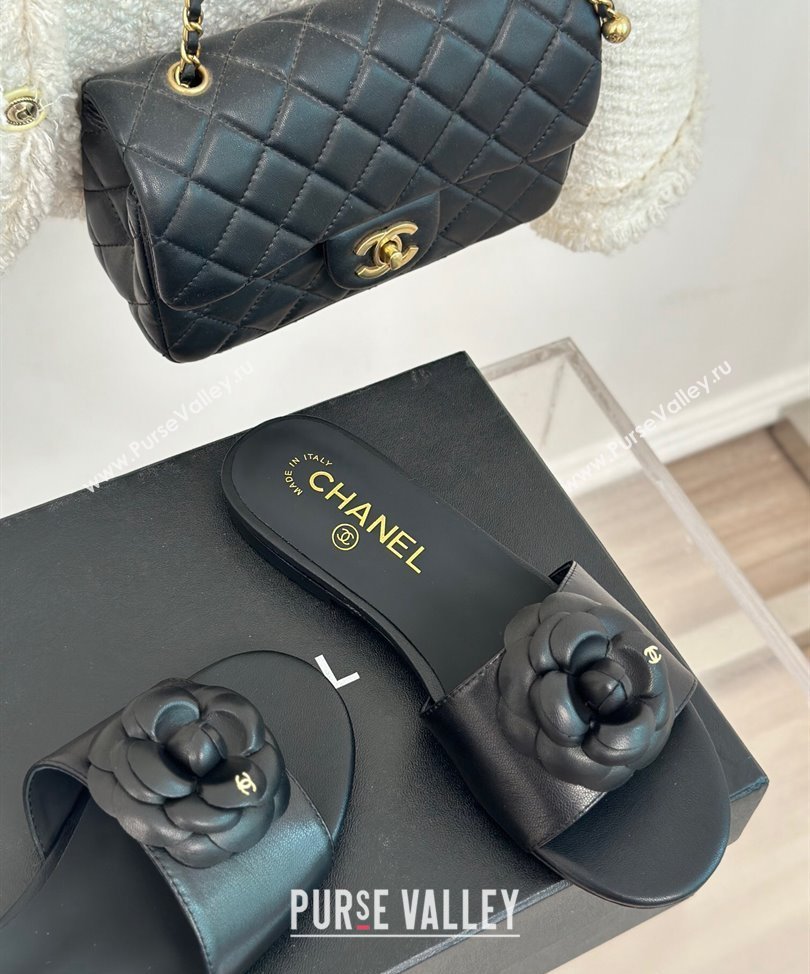 Chanel Heel 1.5cm Lambskin Mules with Camellia G45499 Black 2024 (modeng-24030417)