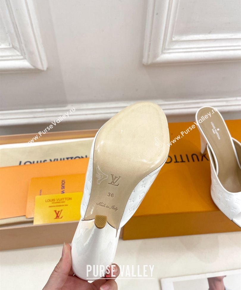 Louis Vuitton Heel 8.5cm Super Mules in Monogram-debossed patent calf leather White 2024 (modeng-24030603)