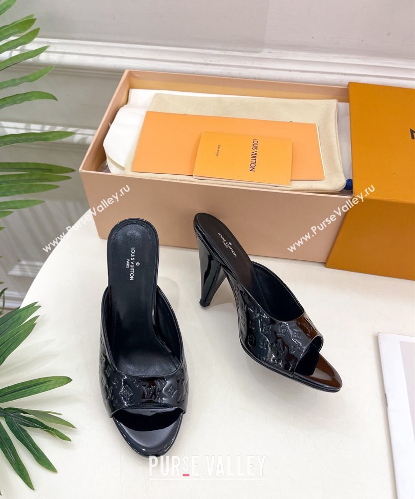 Louis Vuitton Heel 8.5cm Super Mules in Monogram-debossed patent calf leather Black 2024 (modeng-24030602)