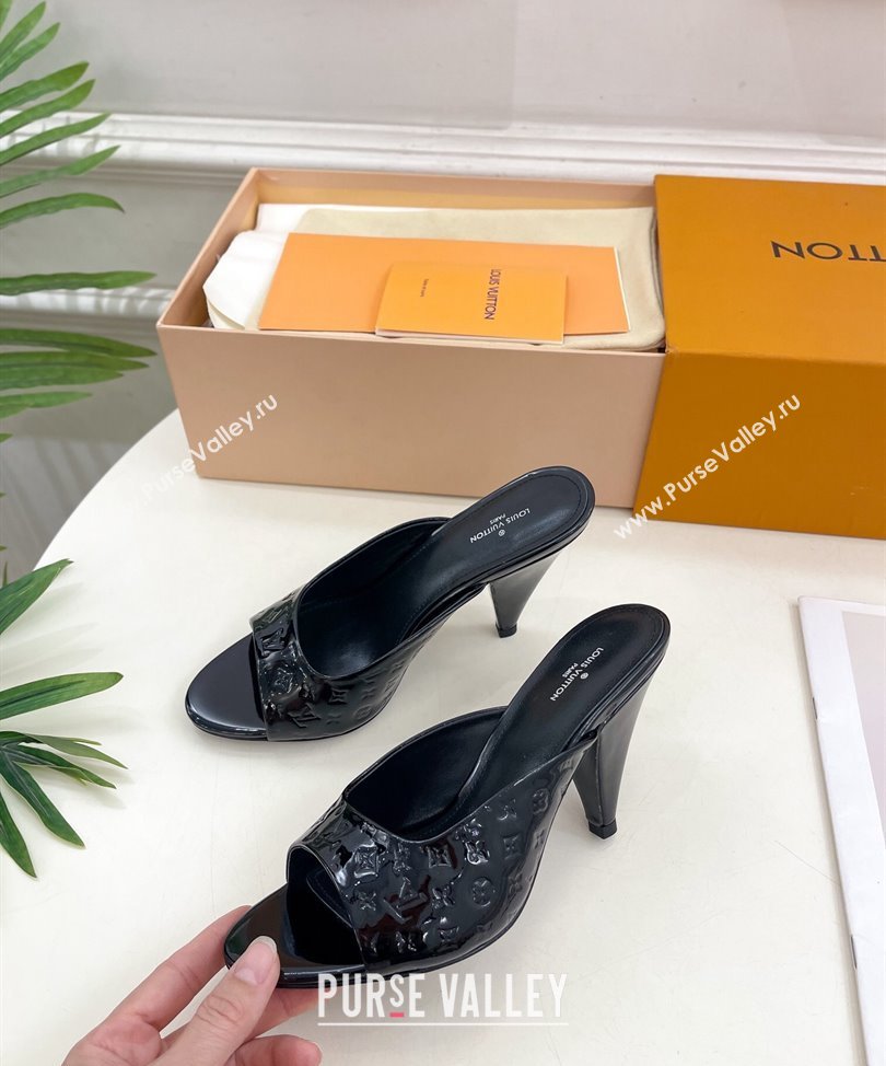 Louis Vuitton Heel 8.5cm Super Mules in Monogram-debossed patent calf leather Black 2024 (modeng-24030602)