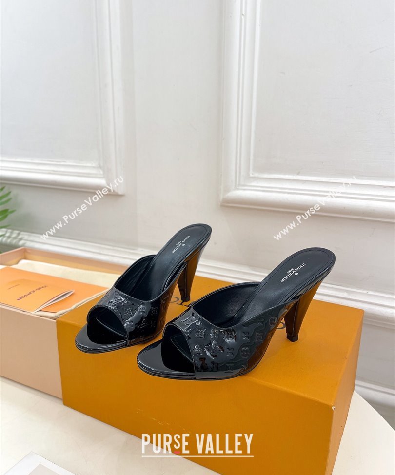 Louis Vuitton Heel 8.5cm Super Mules in Monogram-debossed patent calf leather Black 2024 (modeng-24030602)