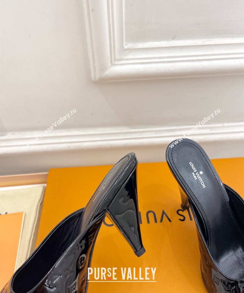 Louis Vuitton Heel 8.5cm Super Mules in Monogram-debossed patent calf leather Black 2024 (modeng-24030602)