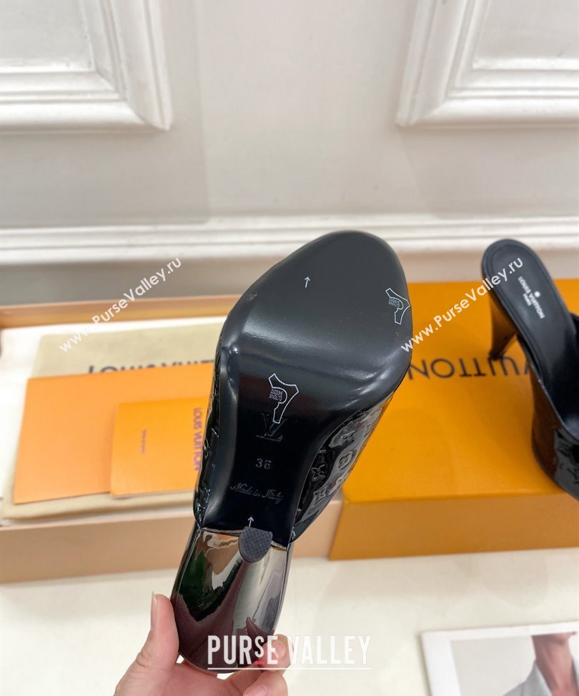 Louis Vuitton Heel 8.5cm Super Mules in Monogram-debossed patent calf leather Black 2024 (modeng-24030602)