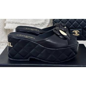 Chanel Heel 7.5cm Lambskin Platform Mules with Camellia Black 2024 (modeng-24030405)