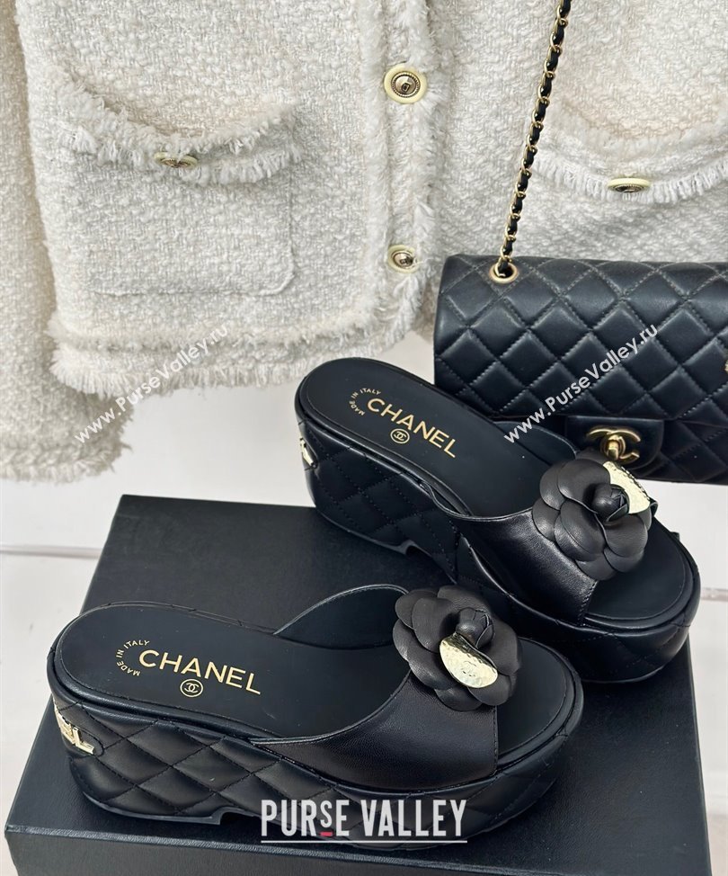 Chanel Heel 7.5cm Lambskin Platform Mules with Camellia Black 2024 (modeng-24030405)