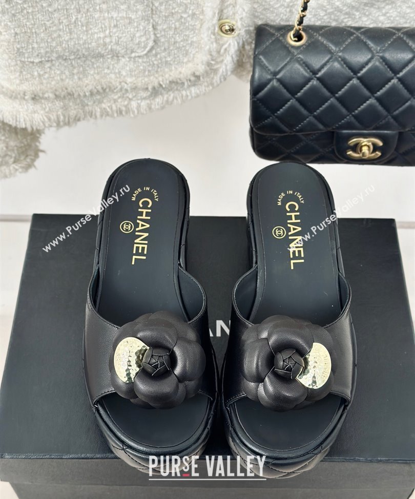 Chanel Heel 7.5cm Lambskin Platform Mules with Camellia Black 2024 (modeng-24030405)