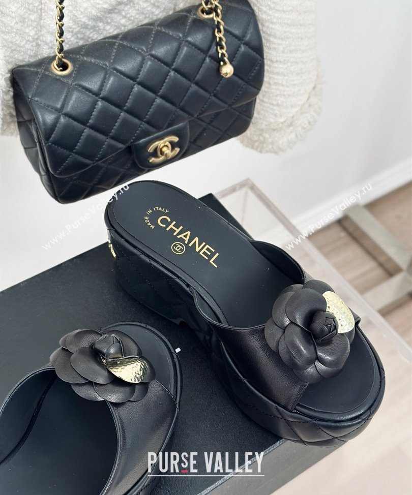 Chanel Heel 7.5cm Lambskin Platform Mules with Camellia Black 2024 (modeng-24030405)