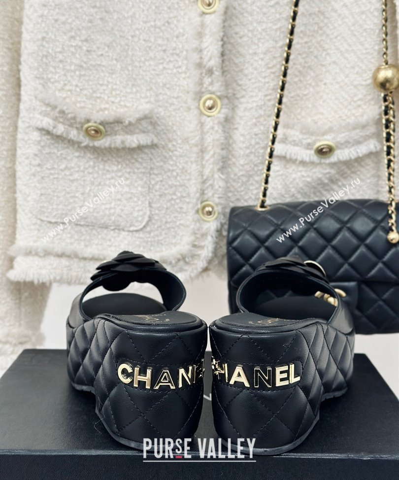 Chanel Heel 7.5cm Lambskin Platform Mules with Camellia Black 2024 (modeng-24030405)