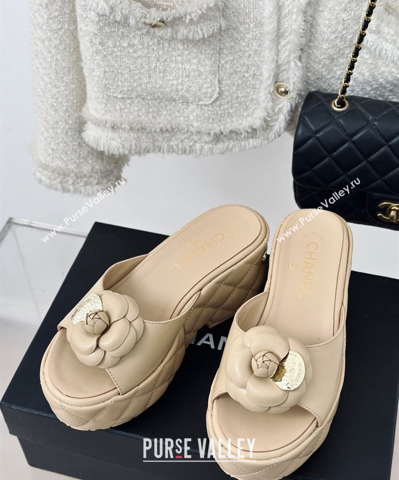 Chanel Heel 7.5cm Lambskin Platform Mules with Camellia Beige 2024 (modeng-24030407)