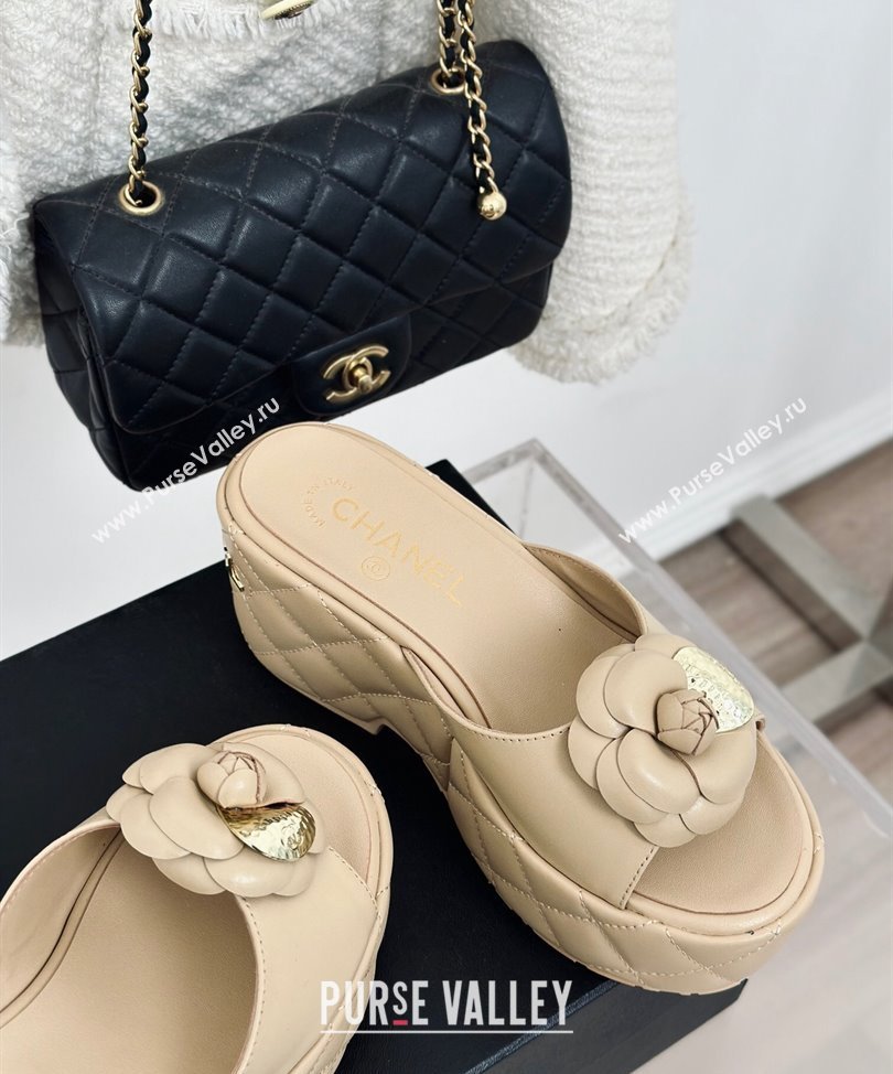 Chanel Heel 7.5cm Lambskin Platform Mules with Camellia Beige 2024 (modeng-24030407)