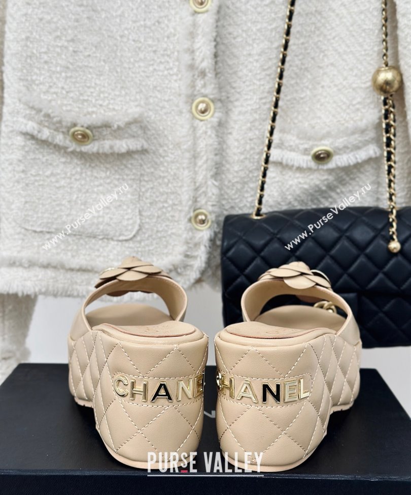 Chanel Heel 7.5cm Lambskin Platform Mules with Camellia Beige 2024 (modeng-24030407)