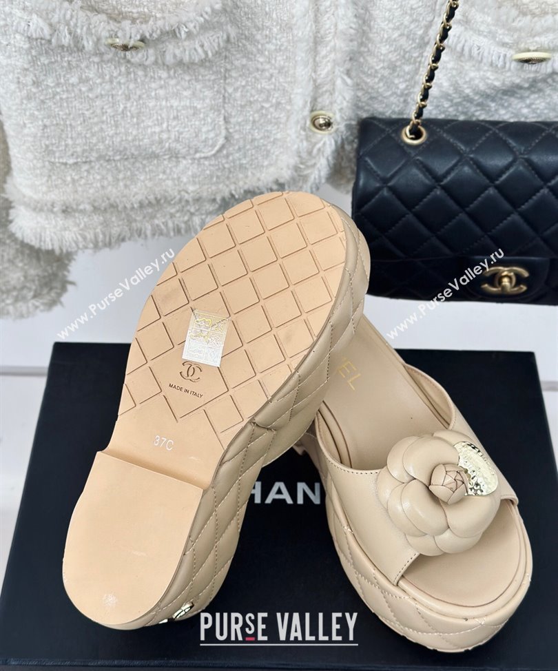 Chanel Heel 7.5cm Lambskin Platform Mules with Camellia Beige 2024 (modeng-24030407)