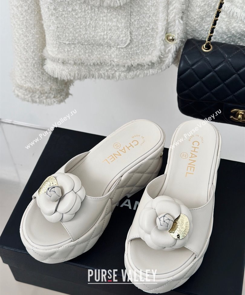 Chanel Heel 7.5cm Lambskin Platform Mules with Camellia White 2024 (modeng-24030406)