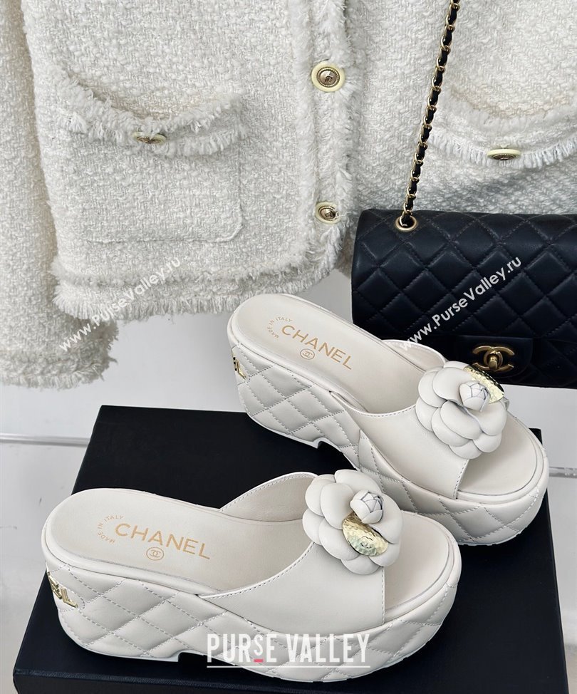 Chanel Heel 7.5cm Lambskin Platform Mules with Camellia White 2024 (modeng-24030406)