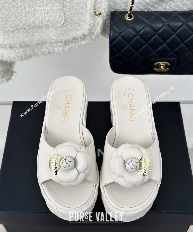 Chanel Heel 7.5cm Lambskin Platform Mules with Camellia White 2024 (modeng-24030406)