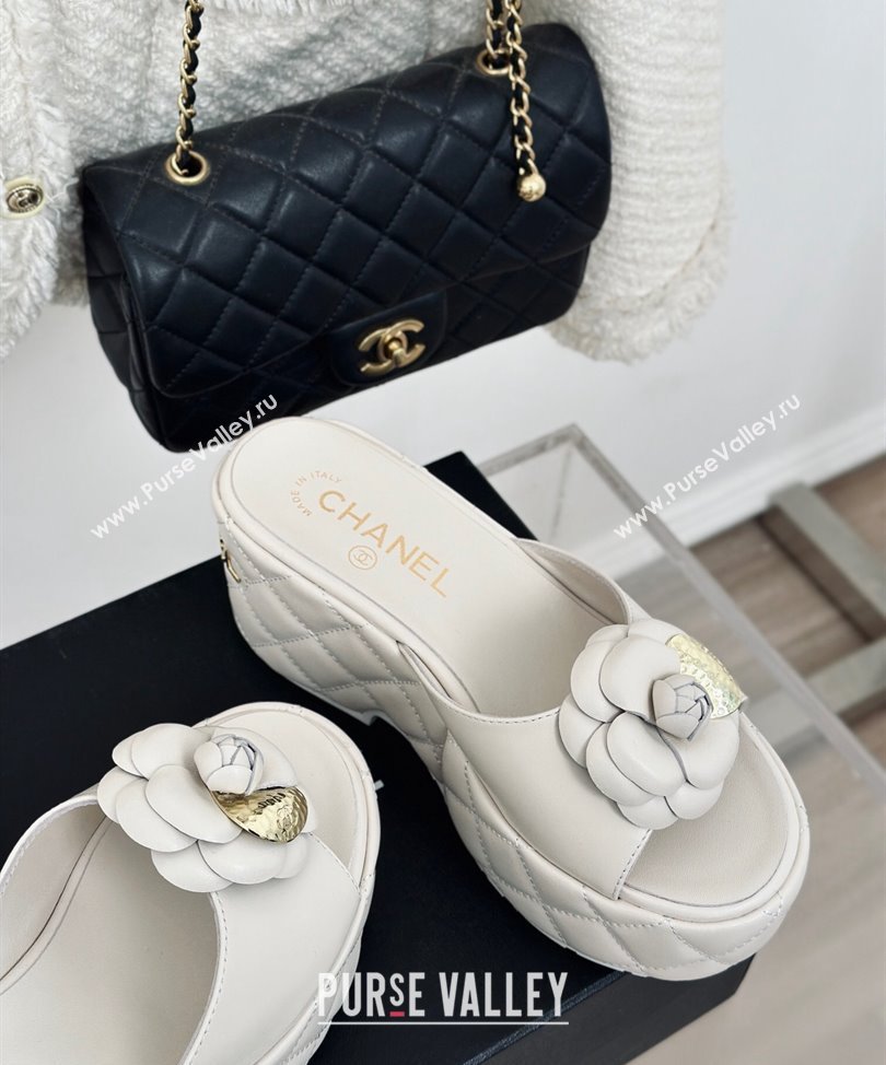 Chanel Heel 7.5cm Lambskin Platform Mules with Camellia White 2024 (modeng-24030406)