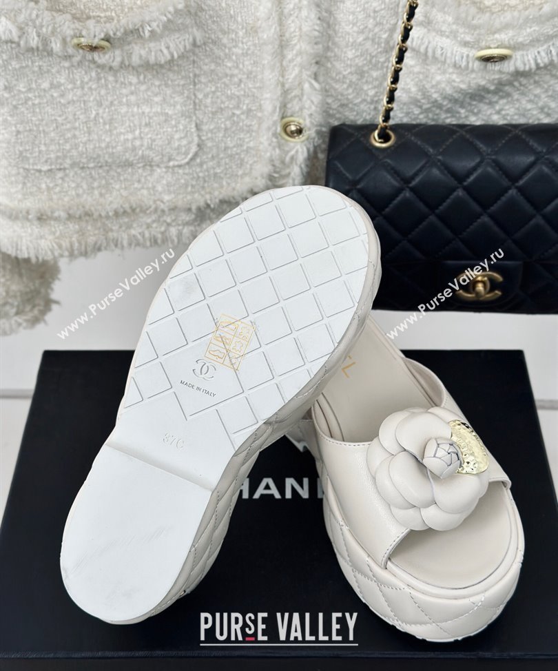 Chanel Heel 7.5cm Lambskin Platform Mules with Camellia White 2024 (modeng-24030406)