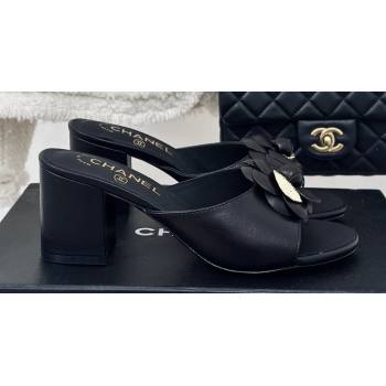 Chanel Heel 6.5cm Lambskin Mules with Camellia Black 2024 (modeng-24030408)