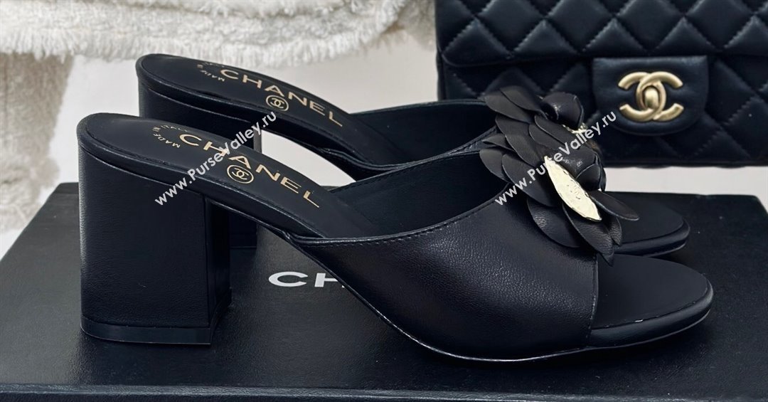 Chanel Heel 6.5cm Lambskin Mules with Camellia Black 2024 (modeng-24030408)