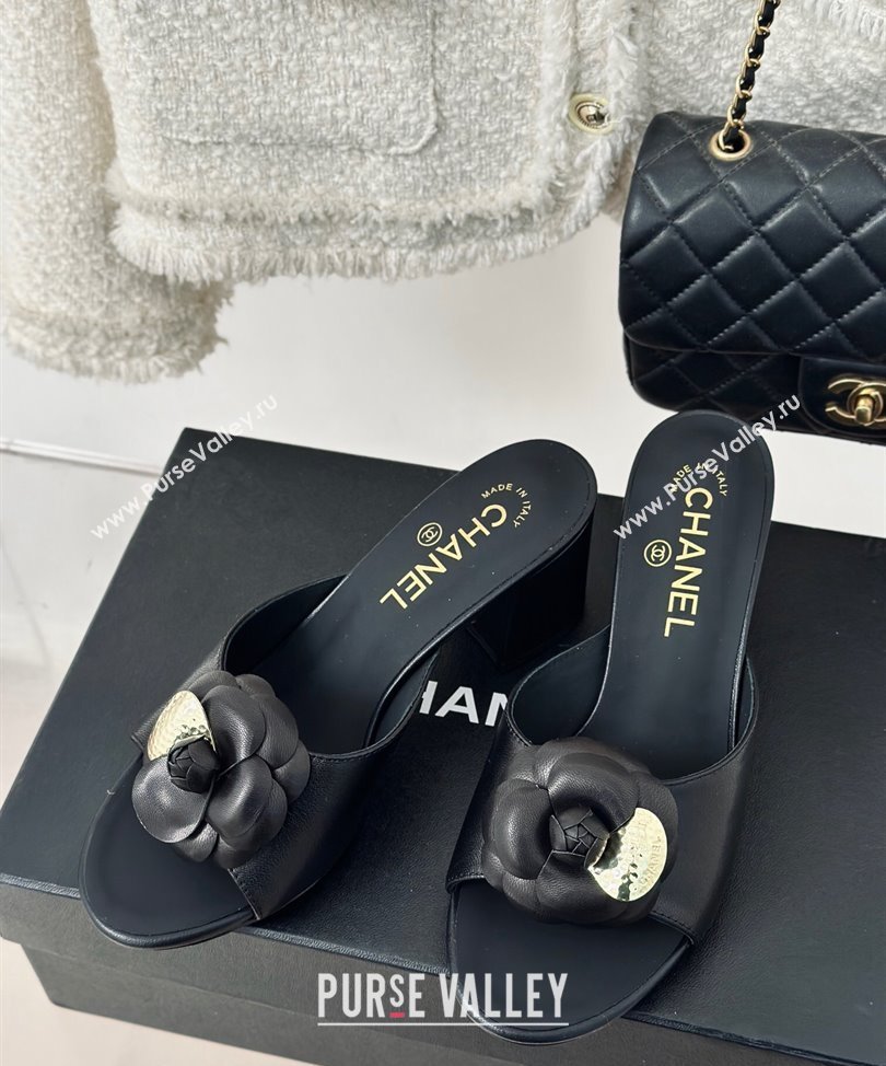 Chanel Heel 6.5cm Lambskin Mules with Camellia Black 2024 (modeng-24030408)