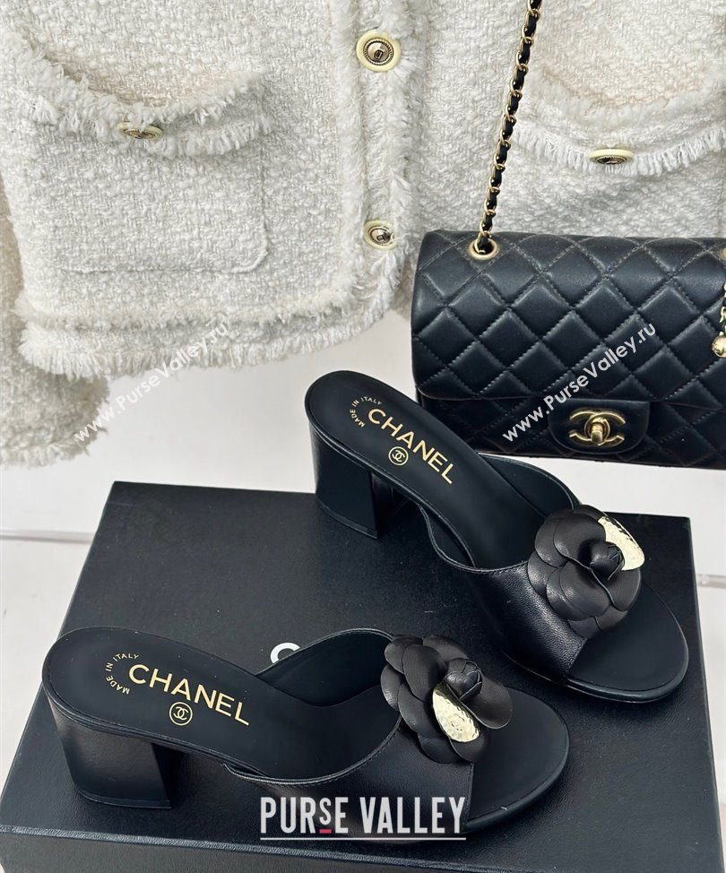 Chanel Heel 6.5cm Lambskin Mules with Camellia Black 2024 (modeng-24030408)