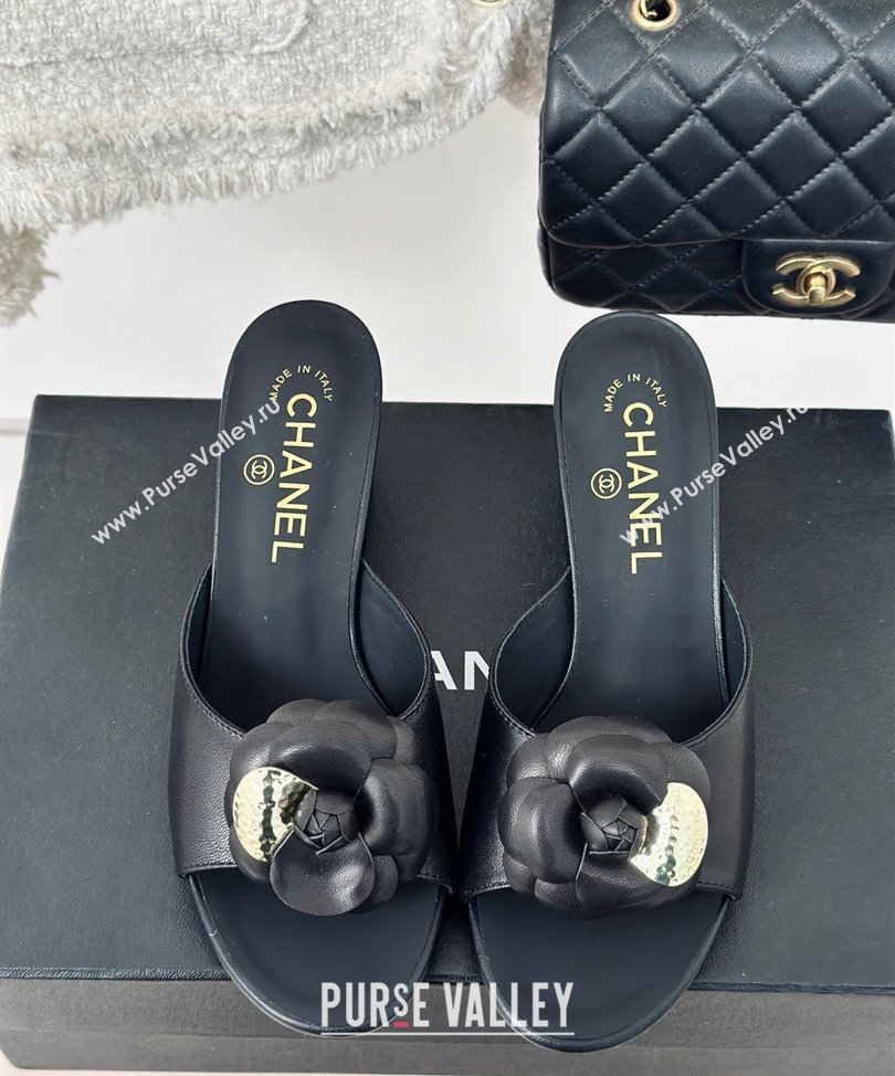 Chanel Heel 6.5cm Lambskin Mules with Camellia Black 2024 (modeng-24030408)