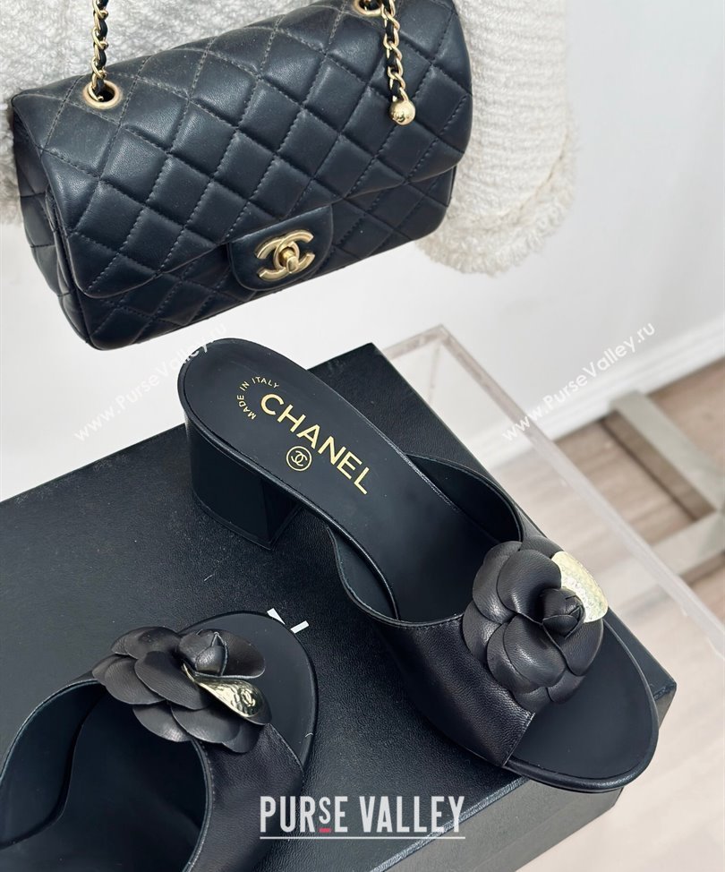 Chanel Heel 6.5cm Lambskin Mules with Camellia Black 2024 (modeng-24030408)