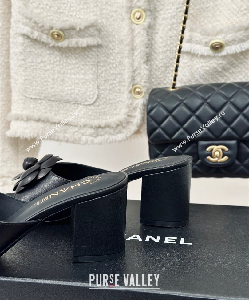 Chanel Heel 6.5cm Lambskin Mules with Camellia Black 2024 (modeng-24030408)